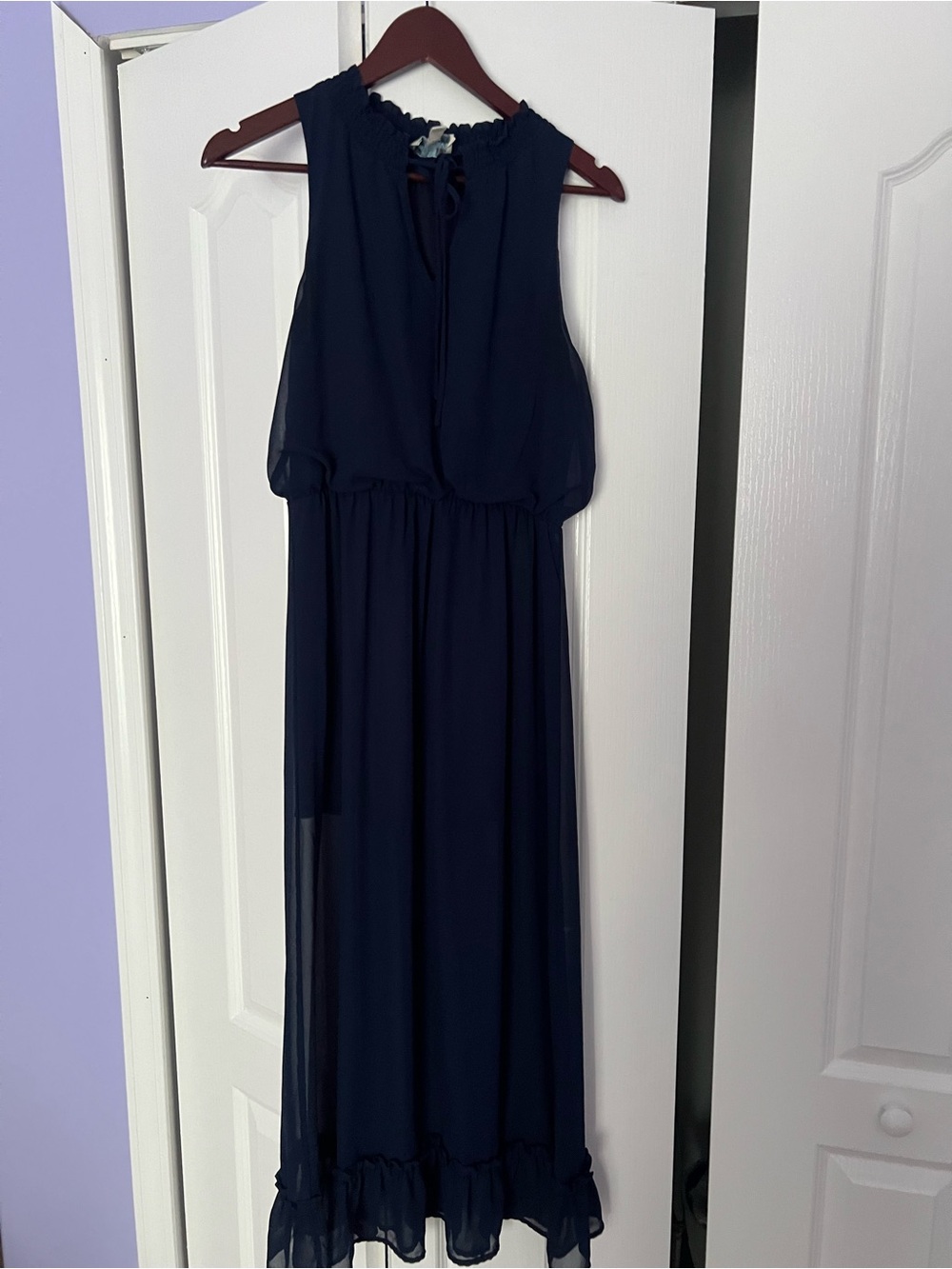 Sleeveless Navy Maxi Dress with Ruffle Hem and Tie Neck - Picture 1 of 3